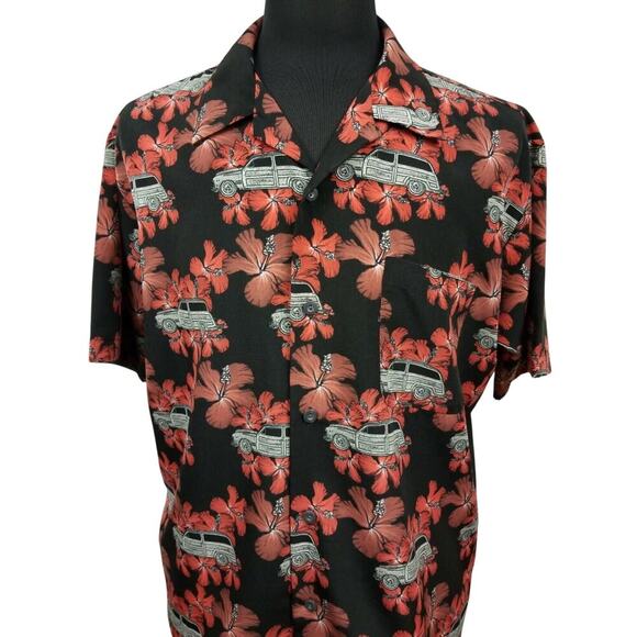 Pineapple Connection Tiki Woody Wagon Aloha Shirt XL Hibiscus Vintage Dadcore - Picture 2 of 6